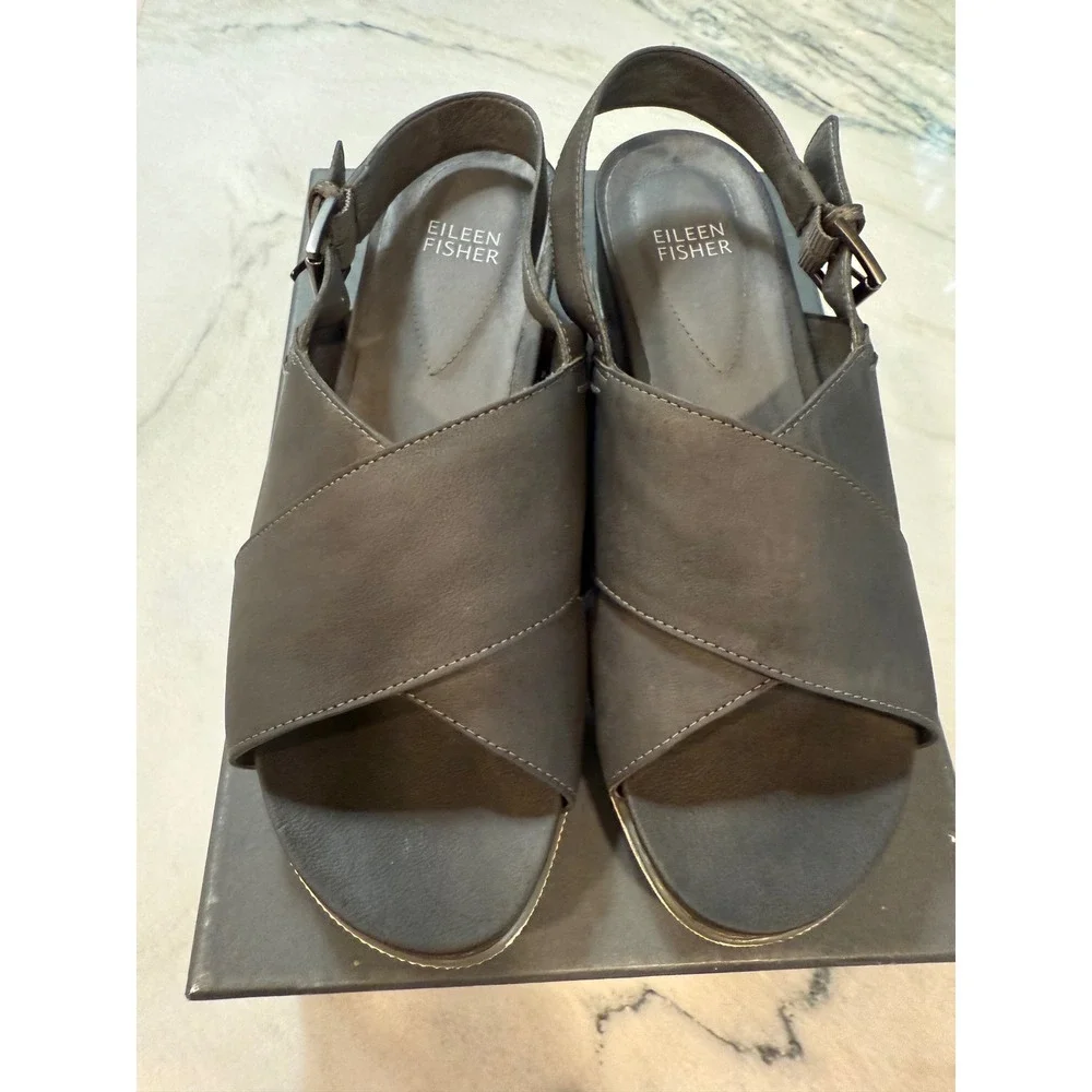 Eileen Fisher Graphite Nubuck Platform Sandals Wedge 7.5M Grey Comfort